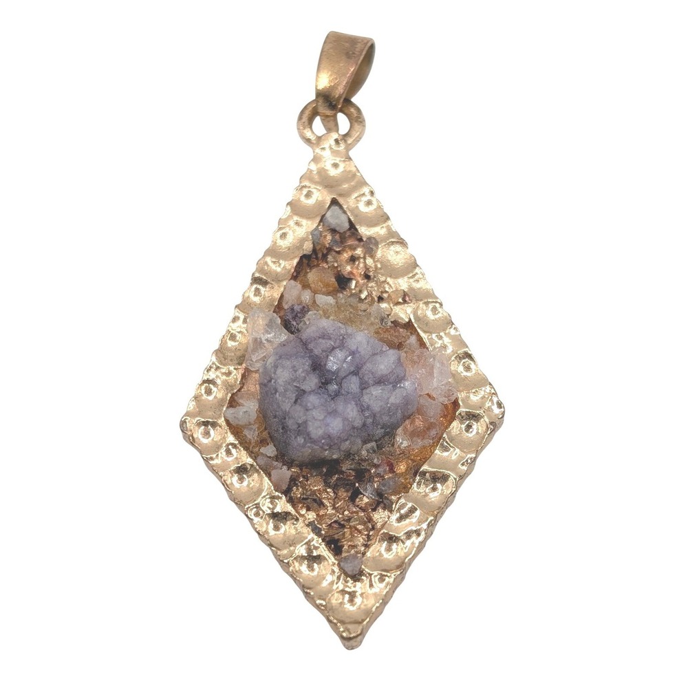 JTV Gold Tone Raw Druzy Diamond Shaped Pendant Statement Boho Festival
